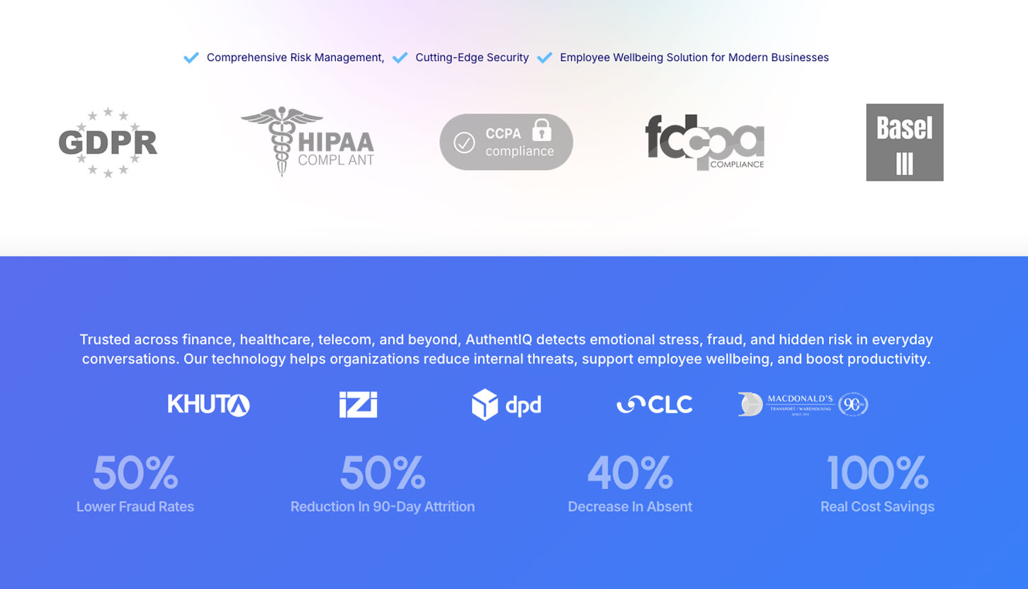 AuthentIQ compliance badges and proof stats band